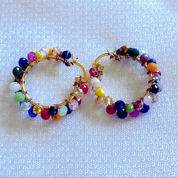Boho Mexican Beaded Crystal Hoop Earrings - Picture 4 of 5